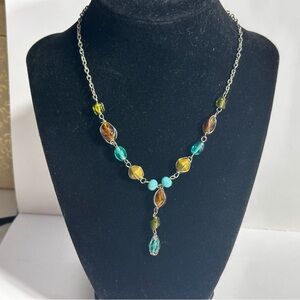 Wire Wrapped Necklace Earthy Brown Green Aqua Blue Glass Y Drop Fairy Whimsical